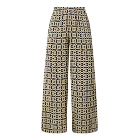 Away That Day Navy/Gold Link Print wide-leg trousers in 100% viscose, featuring an all-over geometric link pattern and elasticated waist