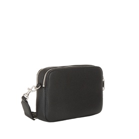 Calvin Klein Logo Camera Crossbody Bag in black faux grained finish with silver-tone hardware and adjustable webbed strap