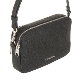Calvin Klein Logo Camera Crossbody Bag in black faux grained finish with dual zip fastening and silver-tone hardware