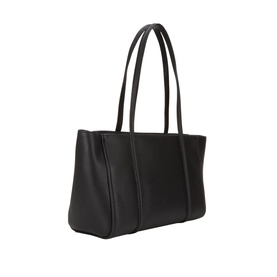 Calvin Klein black tote bag with dual shoulder straps and structured silhouette, silver-tone hardware, smooth faux leather finish