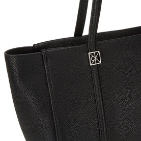 Calvin Klein black tote bag, pebbled texture, twin top handles, silver-tone logo charm detail on corner seam