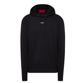 Hugo black cotton hoodie with front kangaroo pocket, red-lined hood, and small logo print at chest