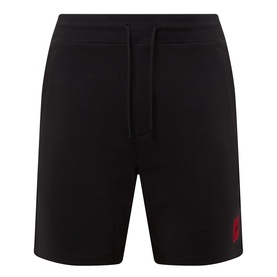Hugo black cotton jersey shorts with red logo print, elasticated drawstring waistband and ribbed hem