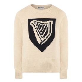 JW Anderson Harp Knitted Sweater in ivory wool with navy intarsia harp shield motif, crew neck, ribbed trims and straight hemline.