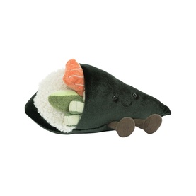 Jellycat sushi roll plush toy in multicoloured felt fabric with smiling face, salmon and cucumber filling detail, medium size