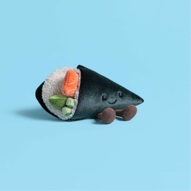 Jellycat sushi roll plush toy with smiling face, black nori wrap, salmon and avocado filling detail, small round feet