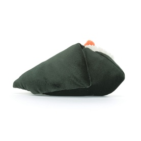 Jellycat sushi nigiri plush toy in dark green nori wrap with white rice and orange topping detail visible from side angle