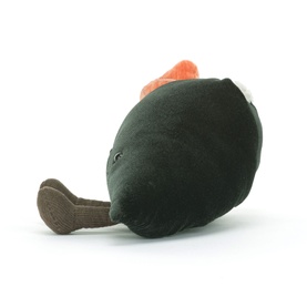 Jellycat plush dark green avocado soft toy with orange top and brown base, side view