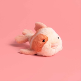 Jellycat plush goldfish soft toy in peach and orange, with a rounded smiley face and fluffy fins, small size