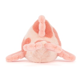 Jellycat soft plush fish toy in pastel pink and peach with orange spot markings, small fins, viewed from above