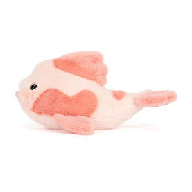 Jellycat small plush koi fish toy in soft pink and coral with heart-shaped markings and fin detail