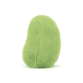 Jellycat green bean-shaped plush soft toy, rear view, textured lime green fluffy fabric, small and compact size