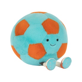Jellycat plush soccer ball soft toy in turquoise and orange with a smiling face and small dumbbells, medium size