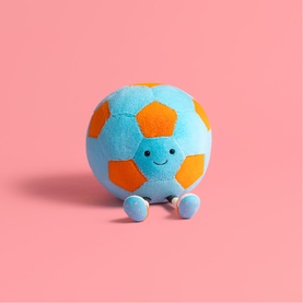 Jellycat plush blue and orange football soft toy with smiley face and small feet, small size