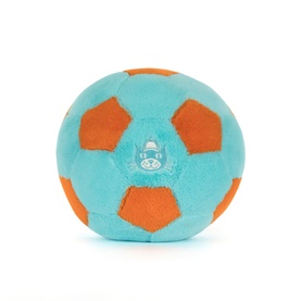 Jellycat plush football toy in turquoise and orange with embroidered face detail, small size
