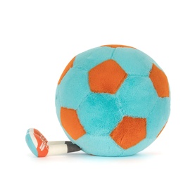 Jellycat plush football toy in turquoise and orange with a small pump accessory, medium size