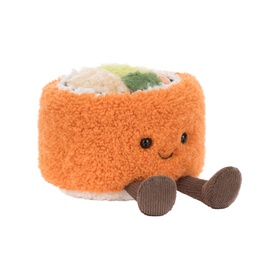 Jellycat sushi roll plush soft toy in orange with smiling face, green and white filling detail, and brown legs