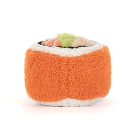 Jellycat soft toy sushi roll plush in orange, cream and green, small novelty food character with textured fluffy exterior