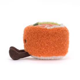 Jellycat plush sushi roll toy in orange, white and green with brown chopstick detail, small size