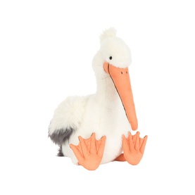 Jellycat white and grey pelican soft toy with orange beak and webbed feet, medium size, fluffy plush texture