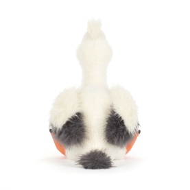 Jellycat soft toy duck rear view, white with grey speckled wings and orange beak detail, small fluffy plush