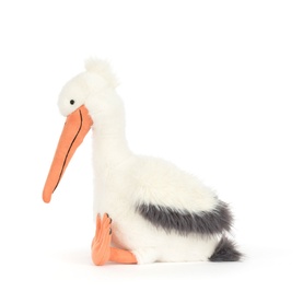 Jellycat soft pelican plush toy in white and black with orange beak and feet, medium size, side profile view