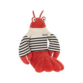 Jellycat red lobster plush toy wearing black and white striped top, with large claws and antennae