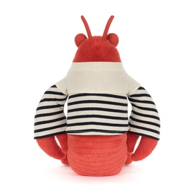 Jellycat red lobster plush toy, rear view, wearing cream and black striped sailor top with red claws and antennae