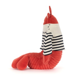 Jellycat red lobster plush toy wearing a navy and white striped top, with textured claws and curled tail