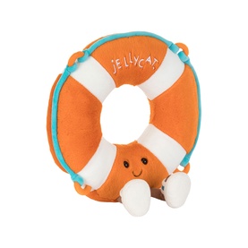 Jellycat orange and white life ring plush toy with teal trim, smiley face, and small feet, medium size
