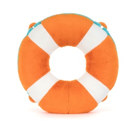 Jellycat plush life ring toy in orange and white stripes with teal rope loops, donut-shaped soft ring design.