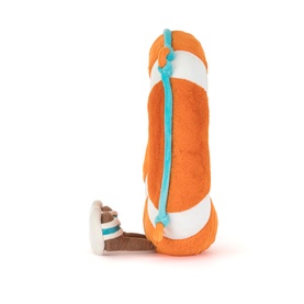 Jellycat orange and white rolled yoga mat plush toy with teal strap and small brown shoes detail, side view