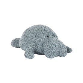 Jellycat soft plush hippo toy in grey-blue boucle texture, lying flat with small embroidered eyes, medium size