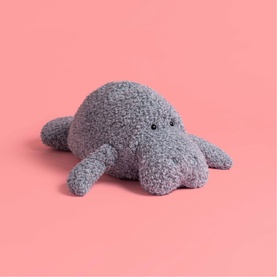 Jellycat grey boucle plush octopus soft toy, lying flat with stubby tentacles spread out, small bead eyes