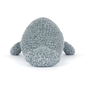 Jellycat grey-blue textured plush walrus soft toy, seen from behind, with small flippers and rounded body