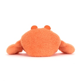 Jellycat orange fluffy crab soft toy, seen from behind, with small round ears and stubby legs, small size