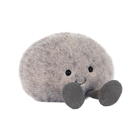 Jellycat grey fluffy pebble-shaped soft toy with smiling face and small corduroy feet, small size
