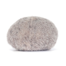 Jellycat fluffy grey plush beret-shaped soft toy, round and textured with a smooth pale underside, small size