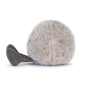 Jellycat fluffy grey round plush soft toy with dark corduroy base, side view showing textured fur detail