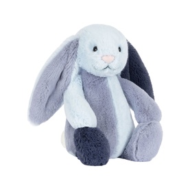 Jellycat plush bunny soft toy in multi-tone blue, with long floppy ears, fluffy body, and small pink nose