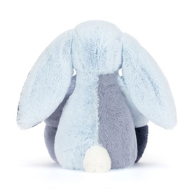 Jellycat plush bunny soft toy, rear view, pale blue and grey body with long floppy ears and white fluffy tail