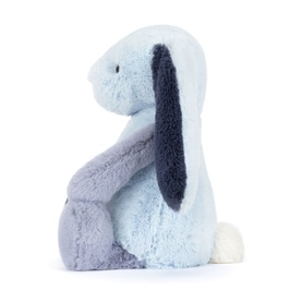 Jellycat plush bunny soft toy in pale blue with dark navy long ears and white tail, medium size, side profile view