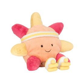 Jellycat multi-coloured sun plush toy with smiley face, pink and yellow tones, sporty headband and trainers detail, medium size