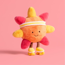 Jellycat multicoloured sun plush toy wearing a sweatband and roller skates, with a smiley face and star-shaped rays