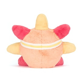 Jellycat multicoloured round plush toy, rear view, pink and peach body with yellow horn, red ears and yellow wings, small size