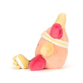 Jellycat soft plush toy shaped like a pink boiled egg wearing a striped hat, with yellow feet and rosy cheeks, small size