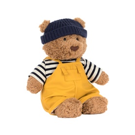Jellycat plush teddy bear in mustard yellow dungarees, striped top and navy knit beanie hat, medium size