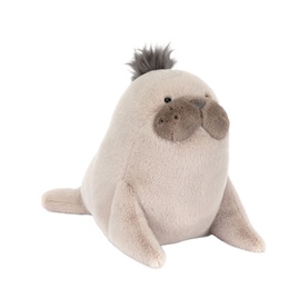 Jellycat cream plush walrus soft toy with grey moustache, dark tuft of hair, and flipper feet, medium size