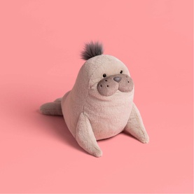 Jellycat soft plush walrus toy in pale pink with grey fur tuft, small fluffy medium-sized stuffed animal