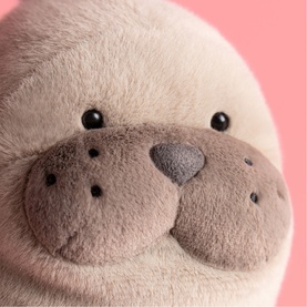 Jellycat plush soft toy close-up showing a round beige and taupe face with black bead eyes and a heart-shaped nose